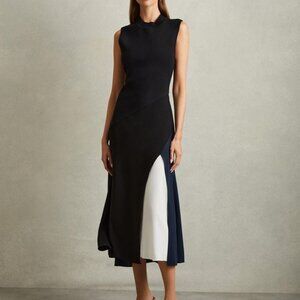 REISS ! Faro Hybrid Colour-block Midi Dress in Black( M)